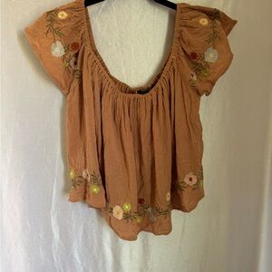 Forever 21 Floral Embroidered Camel Blouse Large NWT